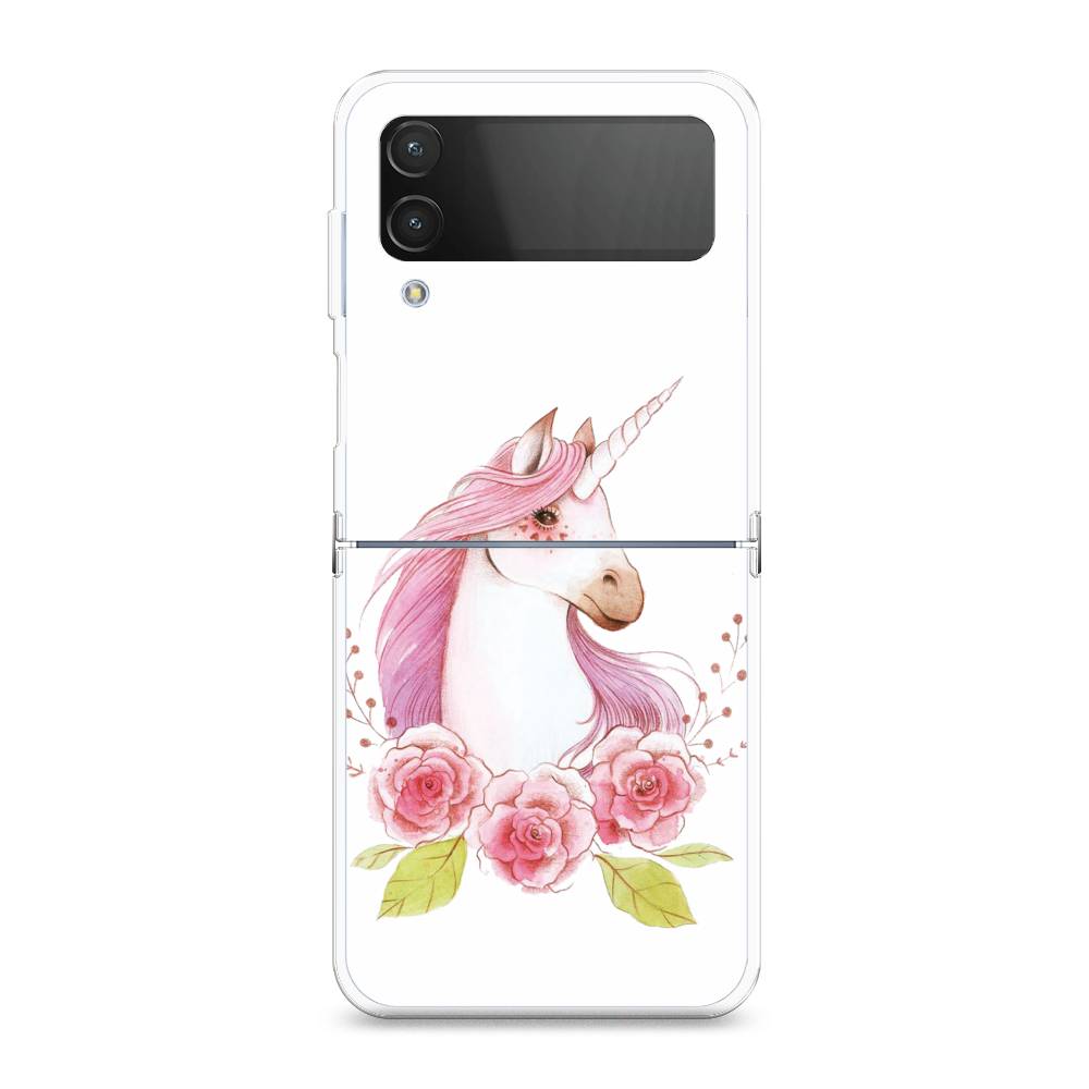 

Чехол на Samsung Galaxy Z Flip 4 "Единорог цветы", Белый;розовый;серый, 2106650-1