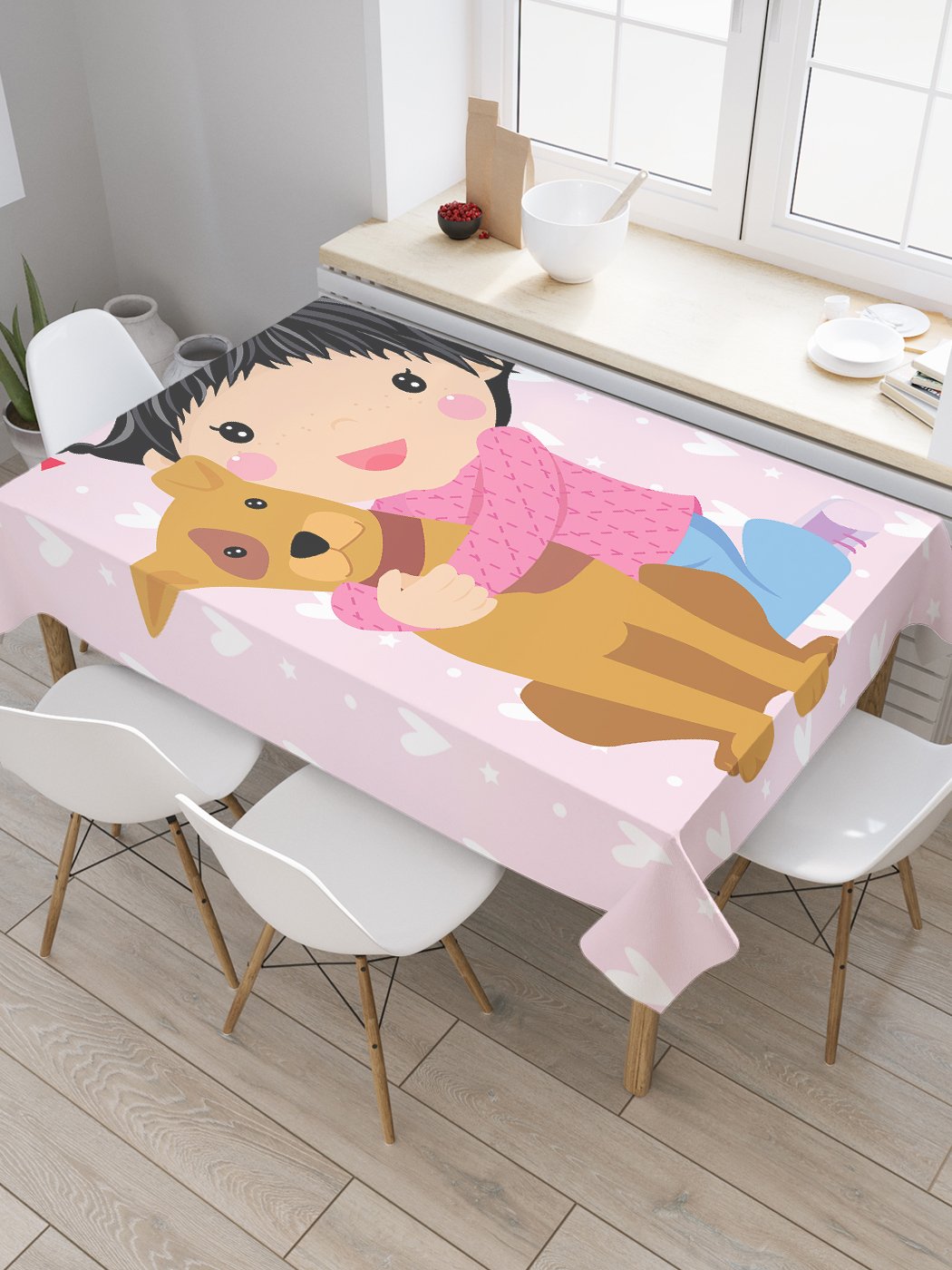 

Скатерть прямоугольная JoyArty "Девочка со щенком" из сатена, 180x145 см, Розовый, Девочка со щенком