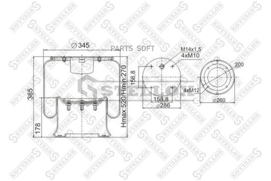 

Пневмоподушка со стак. 4отв.M10 1отв-шт.M14.Поршень сталь 4отв.M12 Scania 3-serie