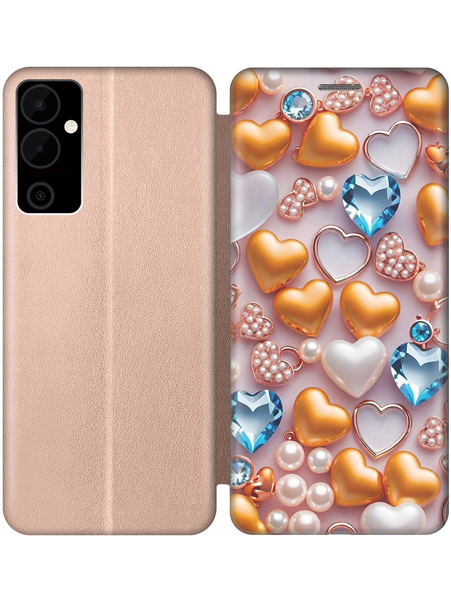 

Чехол-книжка на Tecno Pova Neo 2 с принтом "Украшения и сердечки" золотой, Золотистый;белый;голубой, 778682491