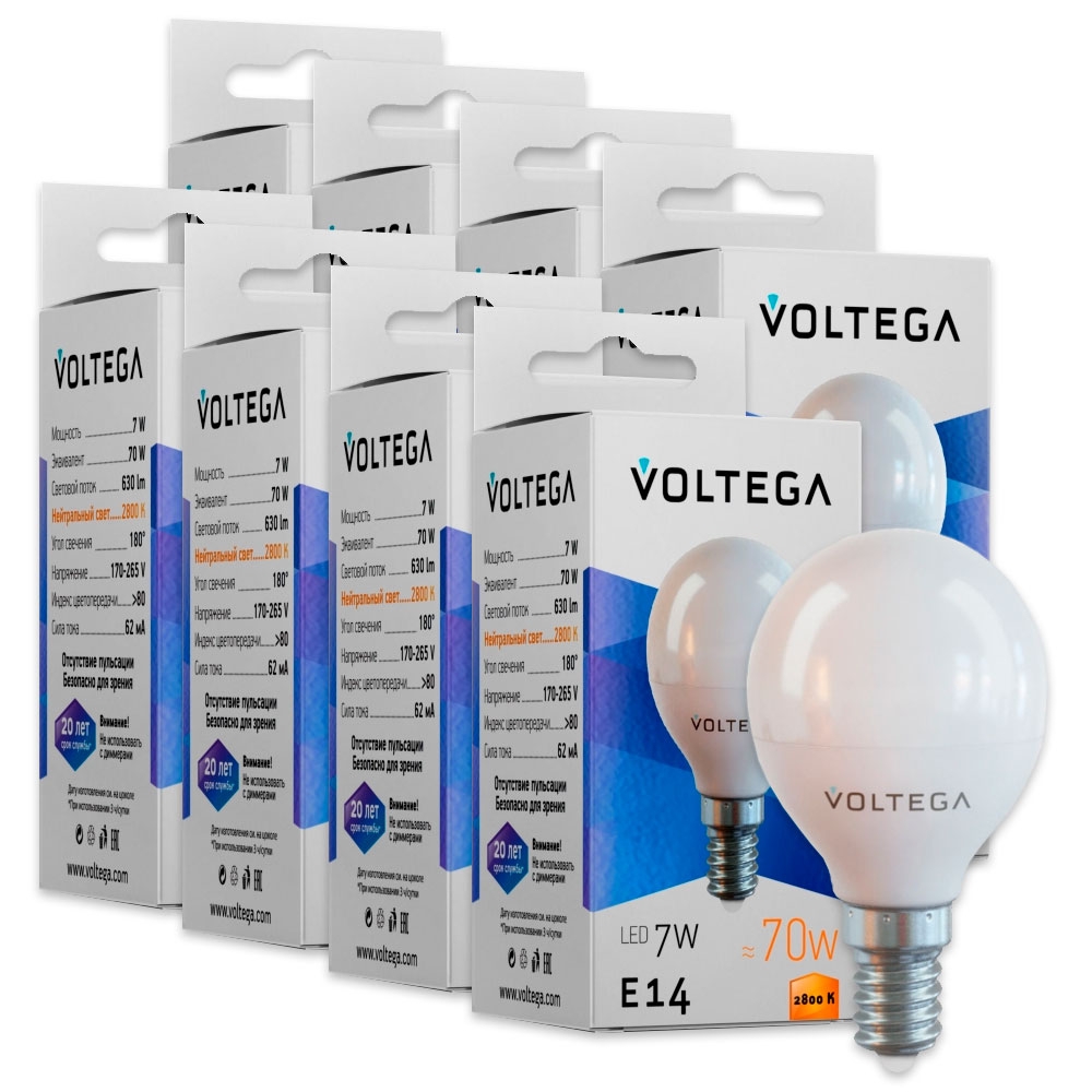 

Комплект светодиодных ламп E14 7W 2800К (теплый) Simple Voltega (155245) 8 шт.