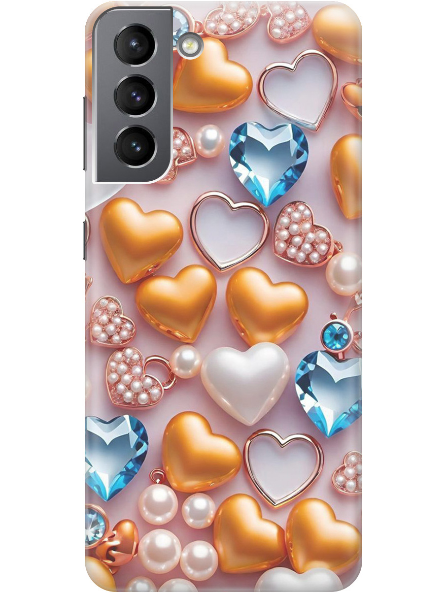 

Силиконовый чехол на Samsung Galaxy S21 с принтом "Украшения и сердечки", Прозрачный;белый;золотистый;голубой, 724125091