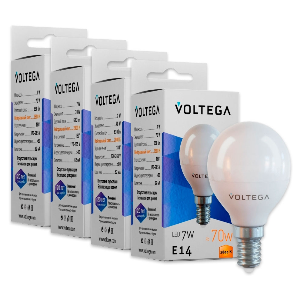 

Комплект светодиодных ламп E14 7W 2800К (теплый) Simple Voltega (155245) 4 шт.