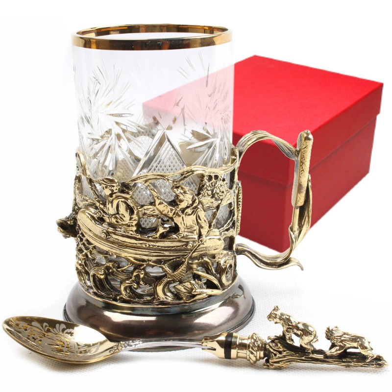 

Латунный подстаканник Рыбалка со стаканом и ложечкой, Бронзовый