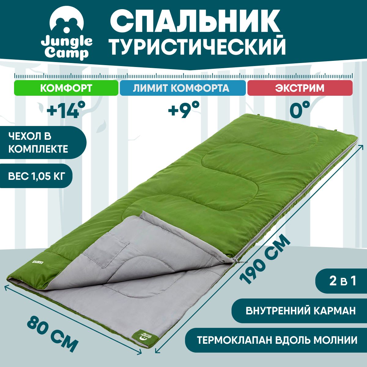 Спальный мешок Jungle Camp Camper зеленый, левый