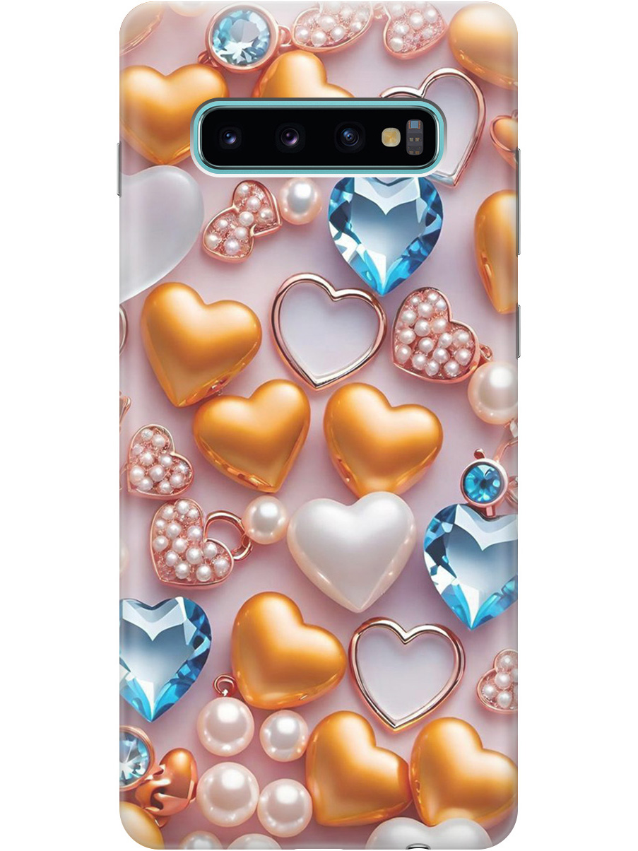 

Силиконовый чехол на Samsung Galaxy S10+ с принтом "Украшения и сердечки", Прозрачный;белый;золотистый;голубой, 720461191