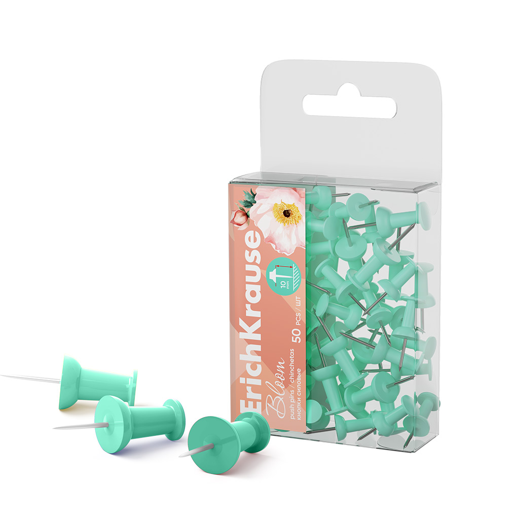 

Кнопки силовые ErichKrause Pastel Bloom, Mint 62054, в пэт-боксе по 50 штук, Разноцветный