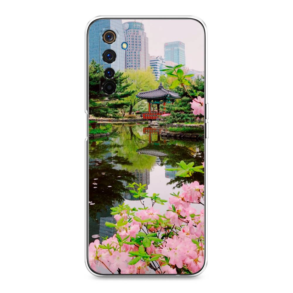 

Чехол на Realme 6 Pro "Сакура возле озера", Зеленый;розовый;голубой, 252850-2