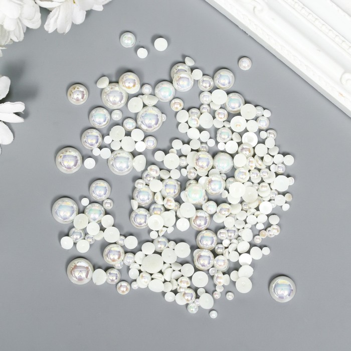 

Декор для творчества пластик "Половинки бусин. Кремовый перламутр" d=3-10 мм, набор 10 гр, Белый