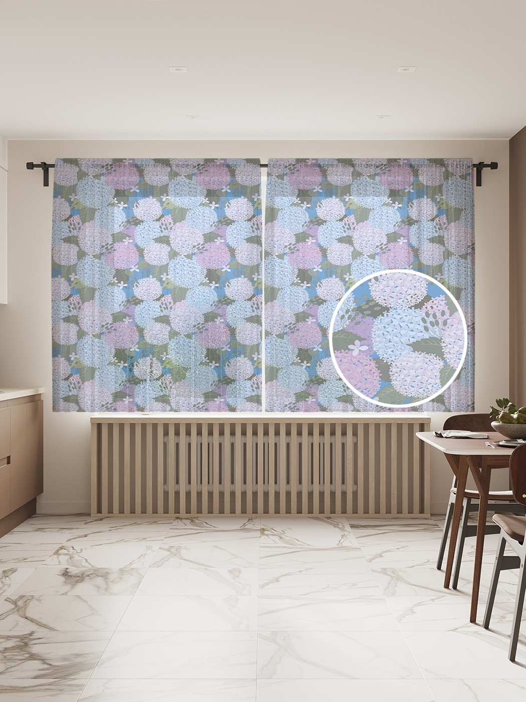 

Фототюль JoyArty "Цветные гортензии" 145x180см (2 полотна со шторной лентой + 50 крючков), Цветные гортензии