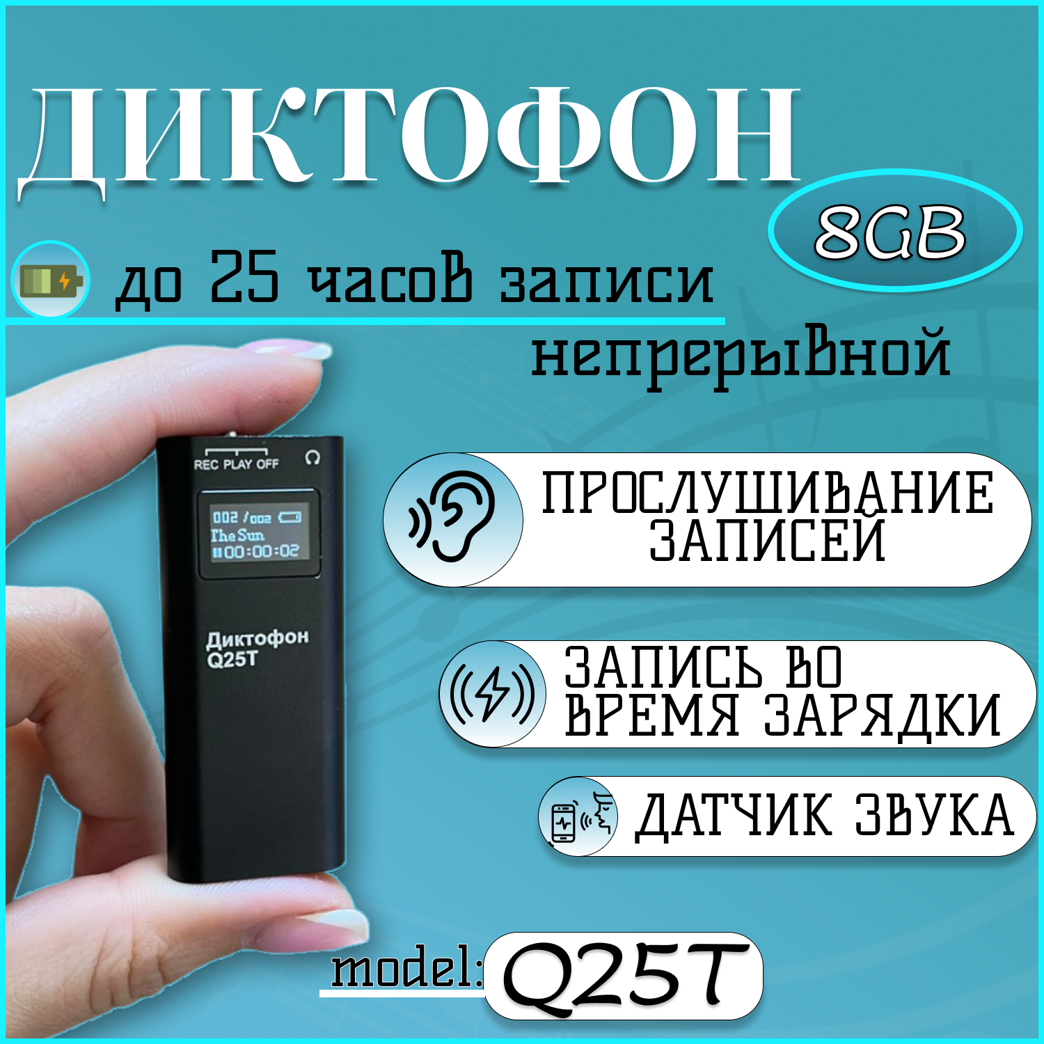 

Цифровой диктофон SPEC-09D 8 Гб черный, Q25T