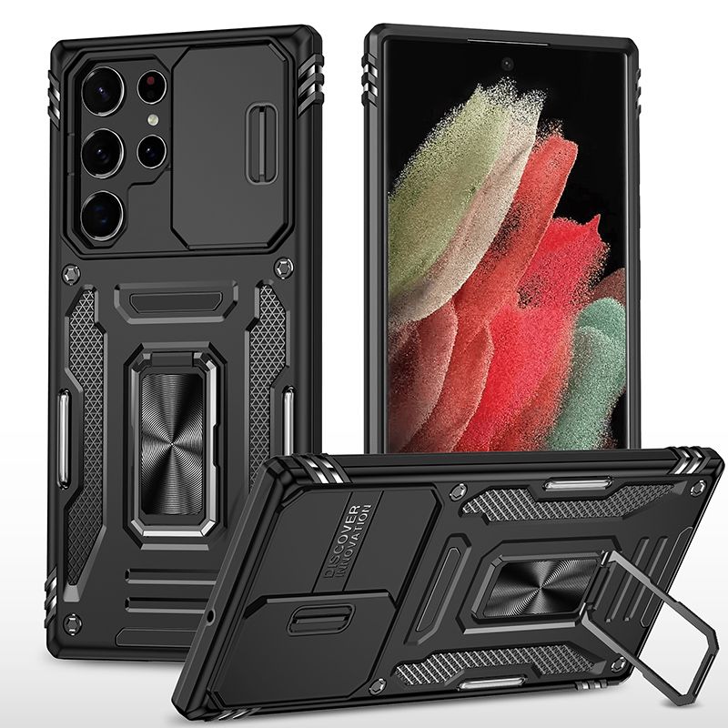 фото Чехол safe case с кольцом и защитой камеры для samsung galaxy s22 ultra (черный) black panther