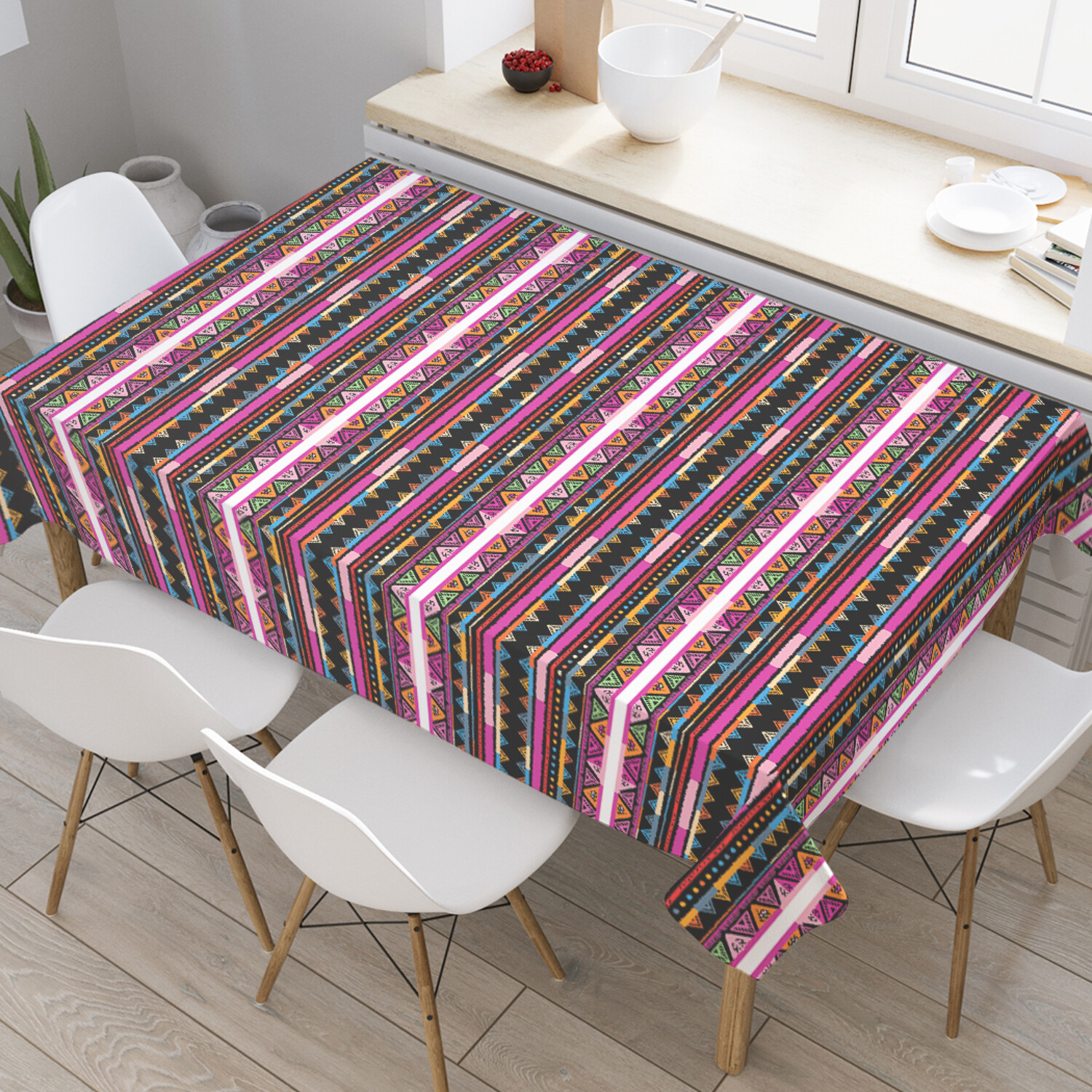 

Скатерть прямоугольная JoyArty Цветные полоски из сатена 120x145 см, Розовый, Цветные полоски