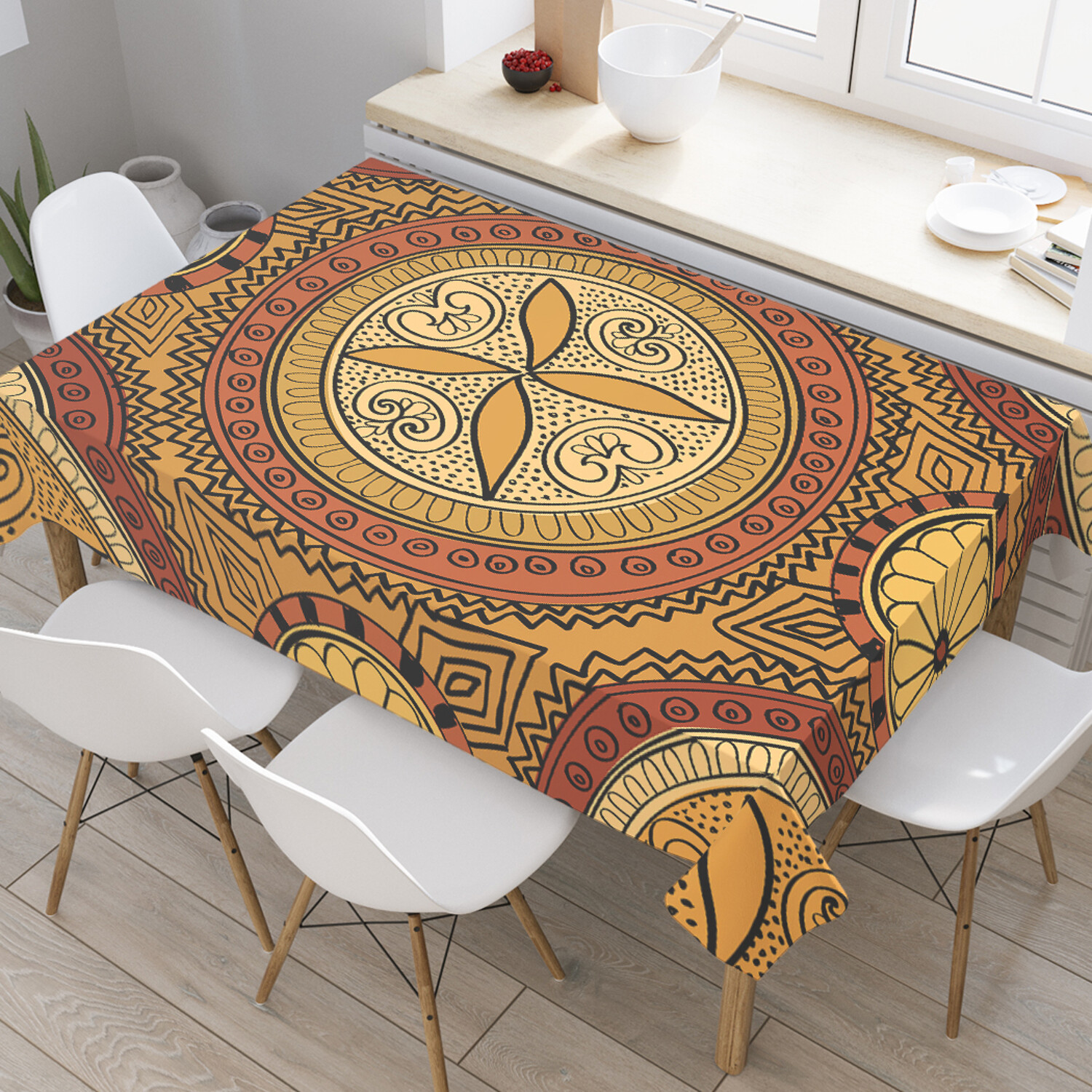 

Скатерть прямоугольная JoyArty Африканский орнамент из сатена 120x145 см, Оранжевый, Африканский орнамент