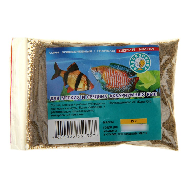 Мини корм Аквакулинар повседневный для мелких и средних аквариумных рыб, 15 г