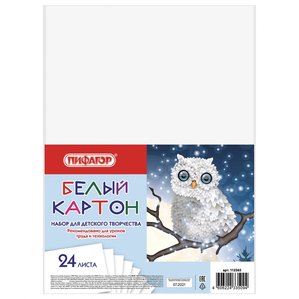 Набор из 5 шт, Картон белый А4 немелованный, 24 листа, в пленке, Пифагор, Совушка