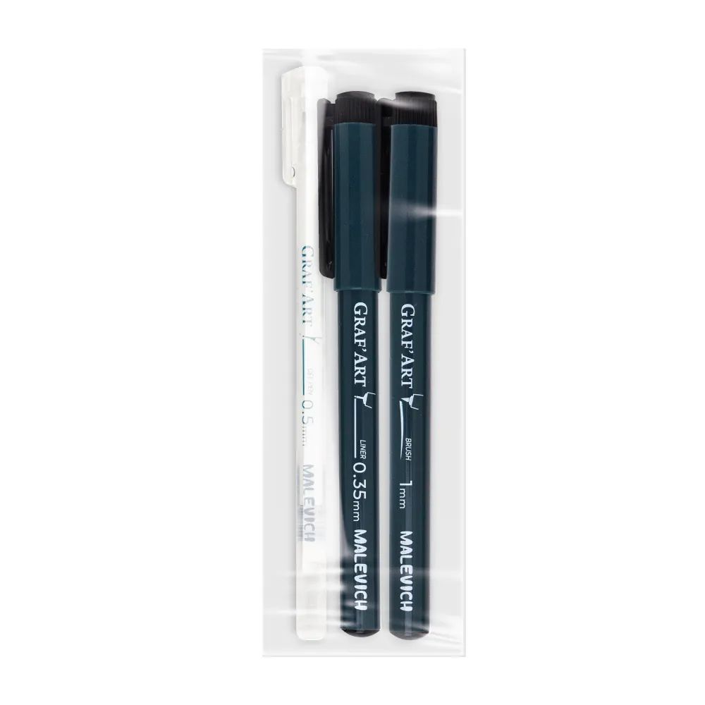 Ручки Малевичъ Graf'Art: линер № 03 (0,35 мм), линер кисть SS, белая гелевая ручка 0,5 мм
