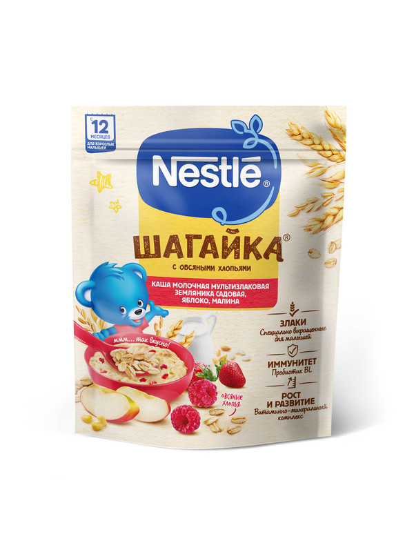 фото Каша nestle шагайка молочная мультизлаковая с овсян. хлопьями ябл, земл, персик 12мес 190г