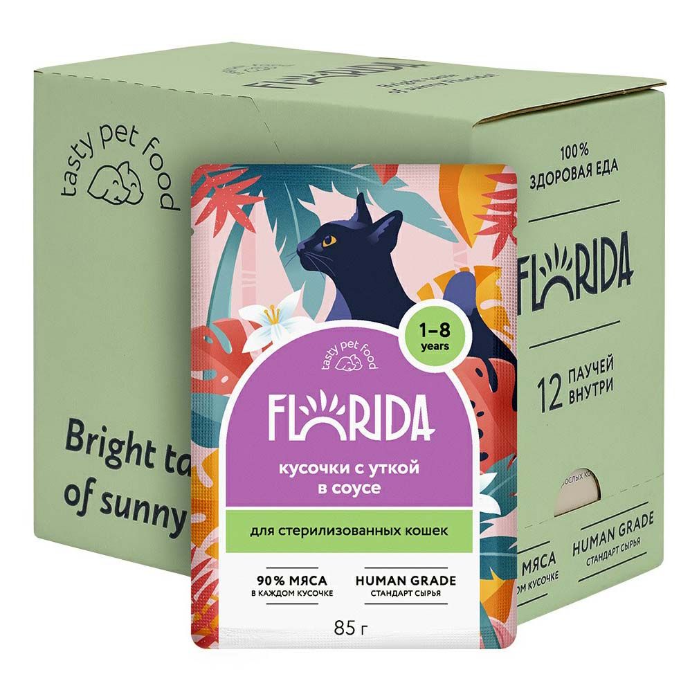 

Влажный корм для кошек Florida с уткой в соусе, для стерилизованных, 12шт по 85г