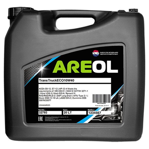 фото Areol trans truck eco 10w-40 (20l)_моторное масло! синт.\acea e6/e7, api ci-4, volvo vds-3