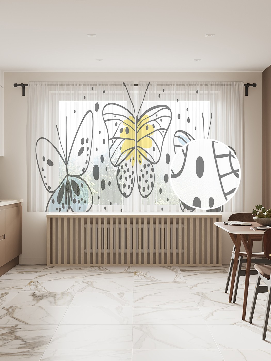 

Фототюль JoyArty "Три бабочки наив", 145x180 см (2 полотна со шторной лентой + 50 крючков), Три бабочки наив