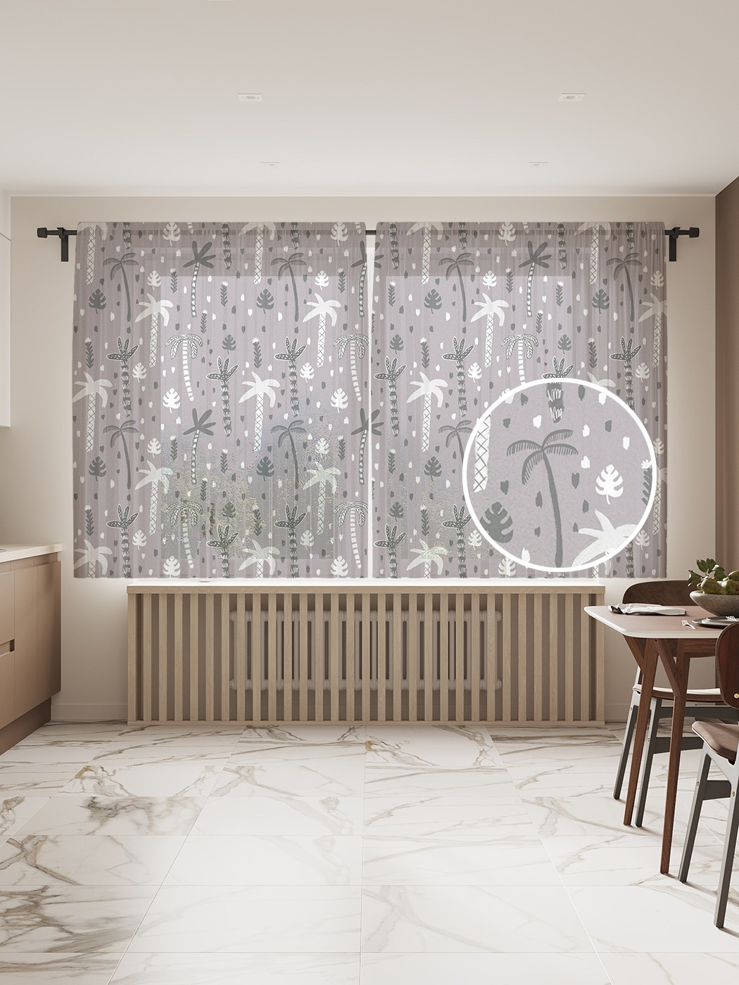 

Фототюль JoyArty "Серые пальмы", 145x180 см (2 полотна со шторной лентой + 50 крючков), Серые пальмы