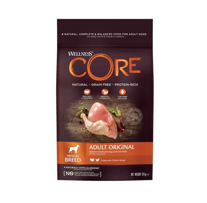 фото Корм wellness core для взрослых собак средних пород, из индейки с курицей, 10 кг
