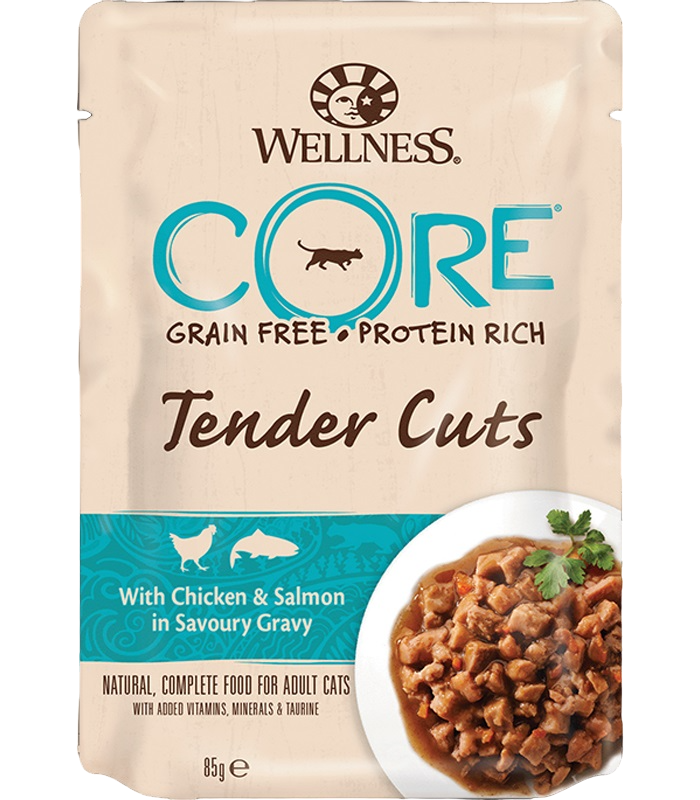 фото Влажный корм для кошек wellness core tender cuts, из курицы с лососем, нарезка, 85 г