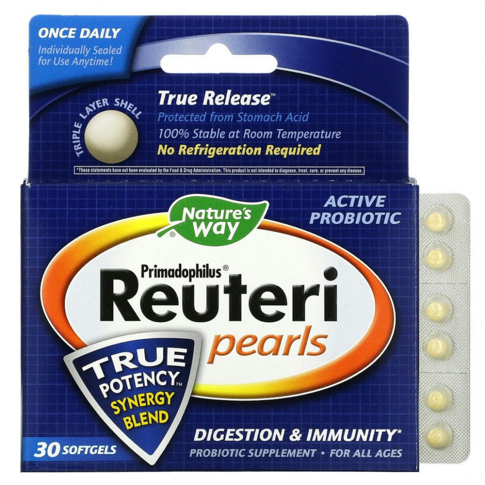 

Пробиотик Nature's Way, Primadophilus Reuteri Pearls, 30 мягких таблеток