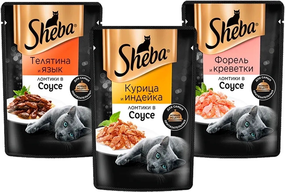 

Влажный корм для кошек Sheba 3 вкуса, ломтики в соусе, 36шт по 75г