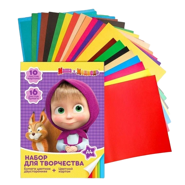 Набор цветного картона Маша и медведь, А4, 10л. цветного картона + 16л цветной бумаги