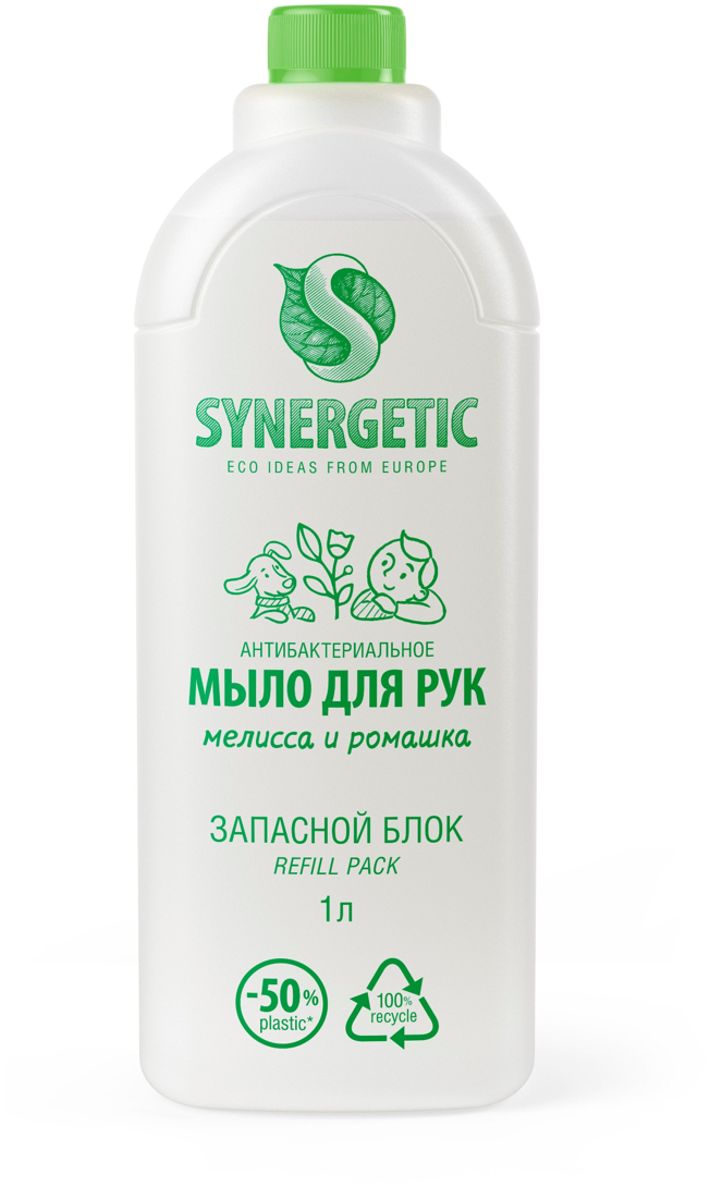 фото Жидкое мыло synergetic мелисса и ромашка антибактериальное для рук сменный блок 1 л