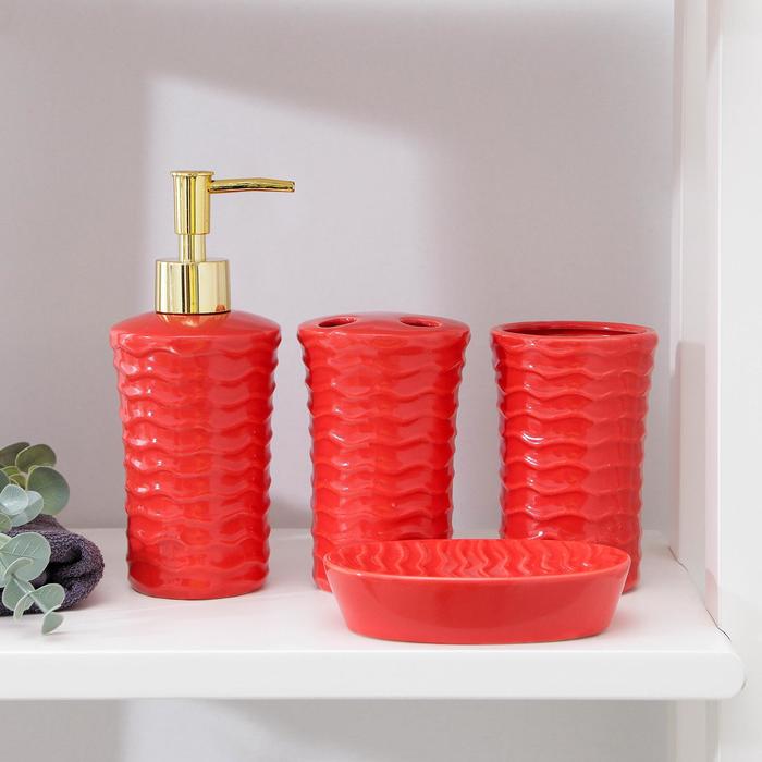 фото Набор аксессуаров для ванной комнаты доляна «волны», 4 предмета цвет красный