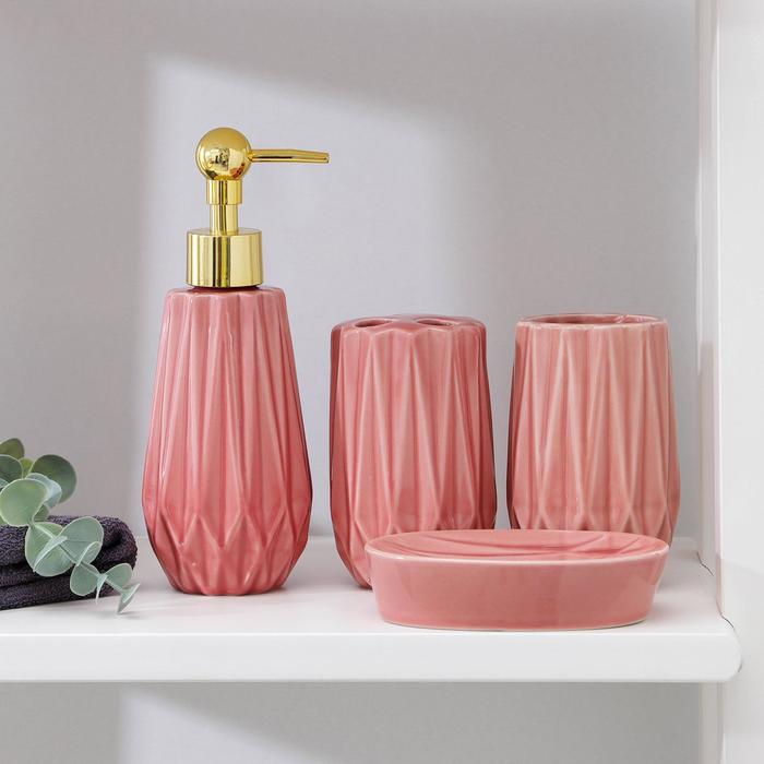 фото Набор аксессуаров для ванной комнаты доляна «струна», 4 предмета цвет розовый