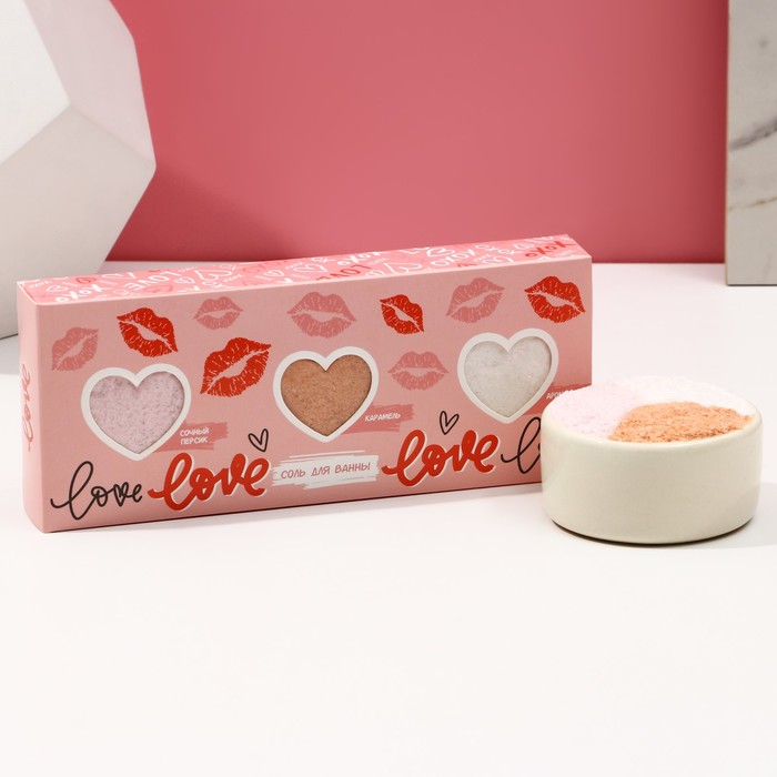 Соль для ванны Чистое счастье Love сочный персик карамель кокос 300 г 3шт