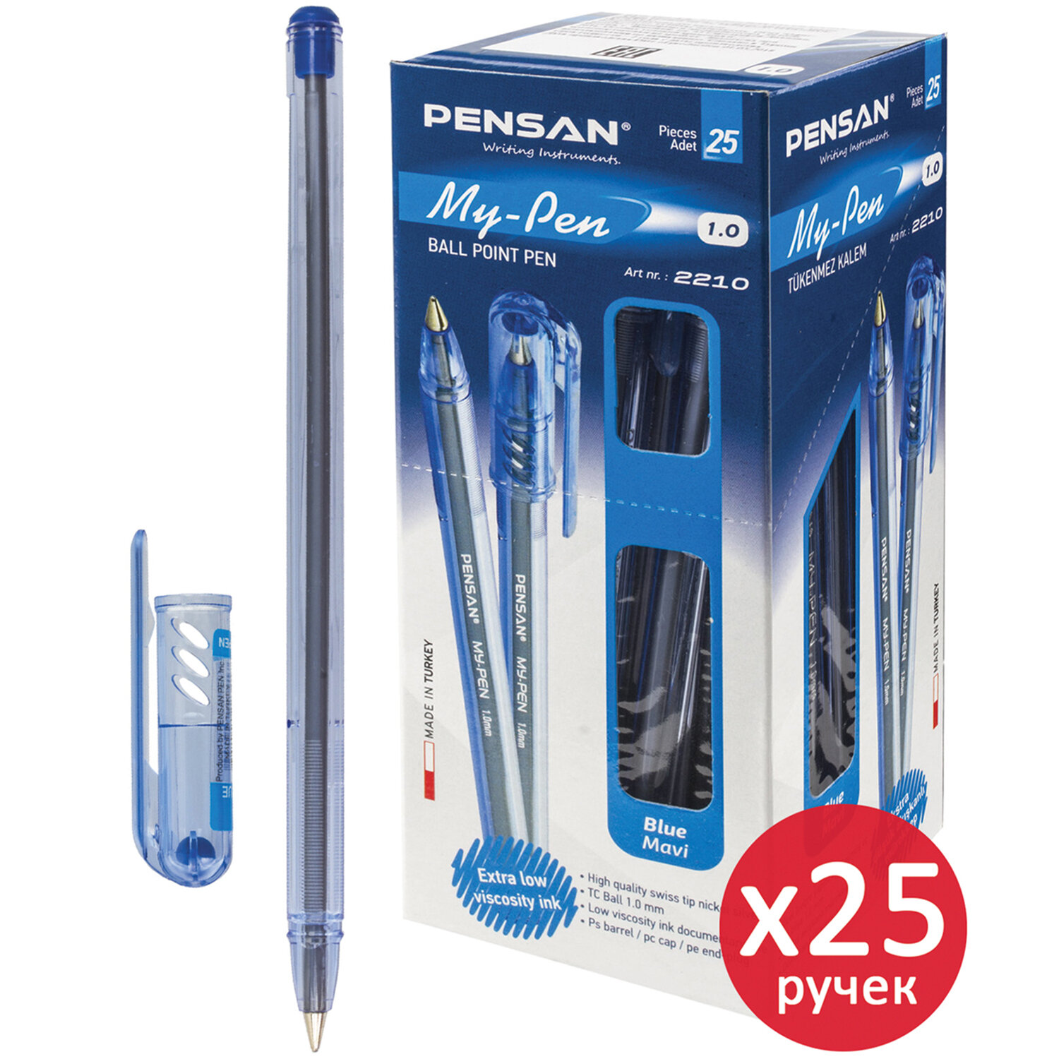 

Ручка шариковая Pensan My-Pen, 880172, синяя, Комплект 25 штук, линия письма 0,5 мм, 64