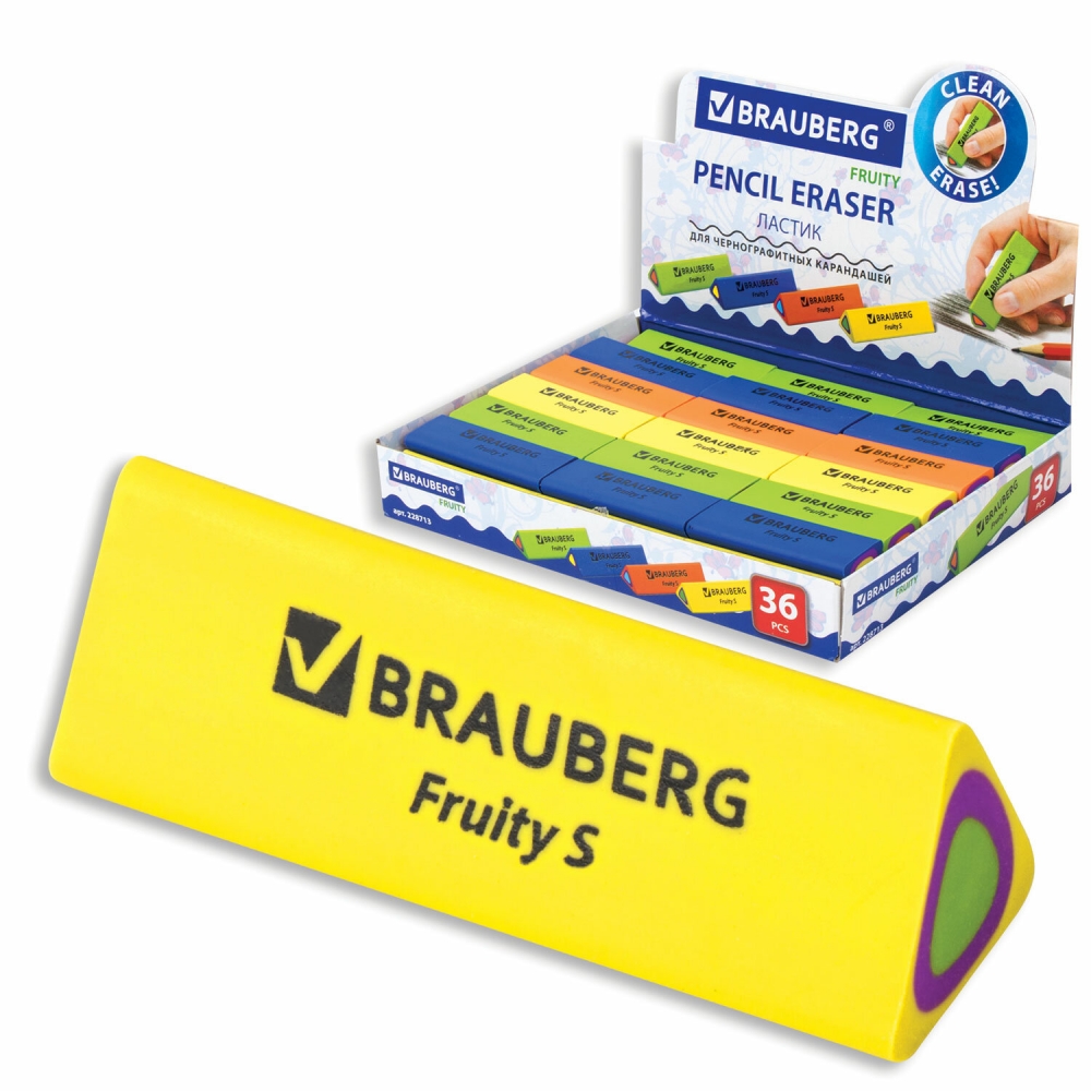  Набор из 36 шт, Ластик Brauberg Fruity S, 44х15х15 мм, цвет ассорти, треугольный, 228713