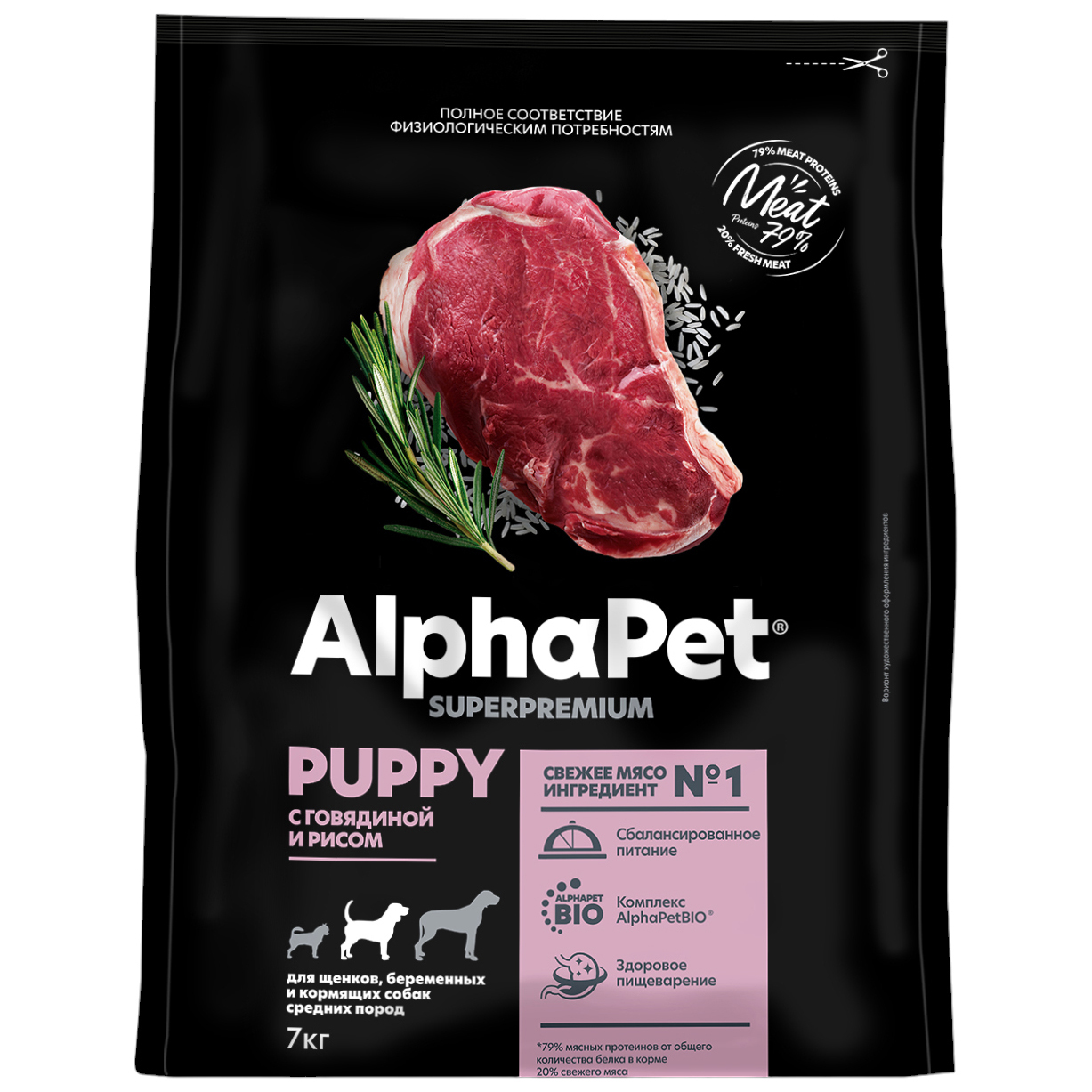 

Сухой корм для щенков AlphaPet Superpremium с говядиной и рисом, для средних пород, 7 кг