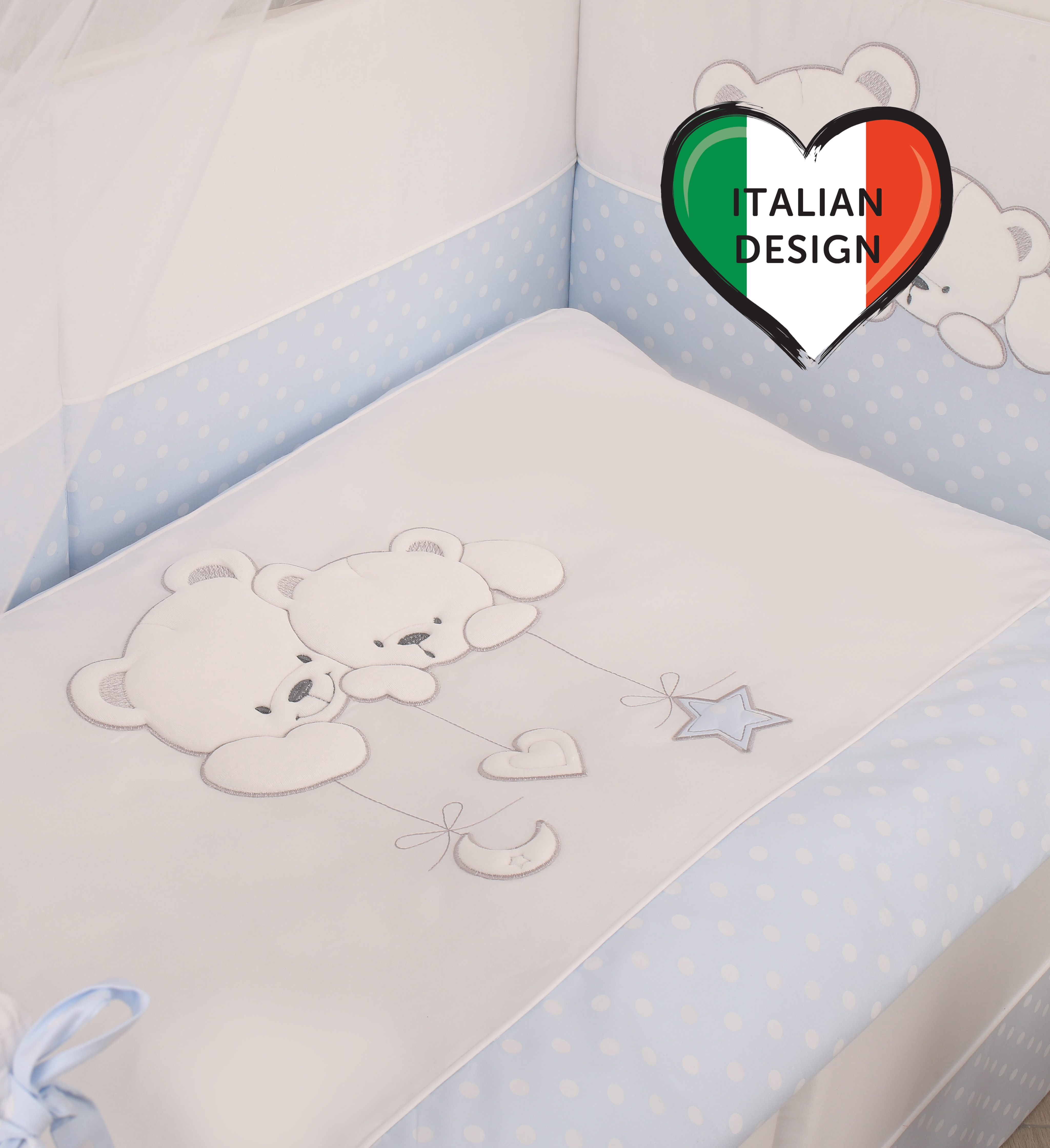 Комплект постельного белья в кроватку Lepre Sweet Bears 6 предметов, голубой в горох матрас в кроватку lepre sogni d oro двусторонний 125х65
