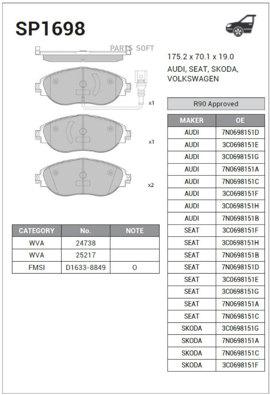 

Колодки тормозные SKODA OCTAVIA 12-/VW GOLF 12-/PASSAT 08- передние SANGSIN BRAKE SP1698, SP1698