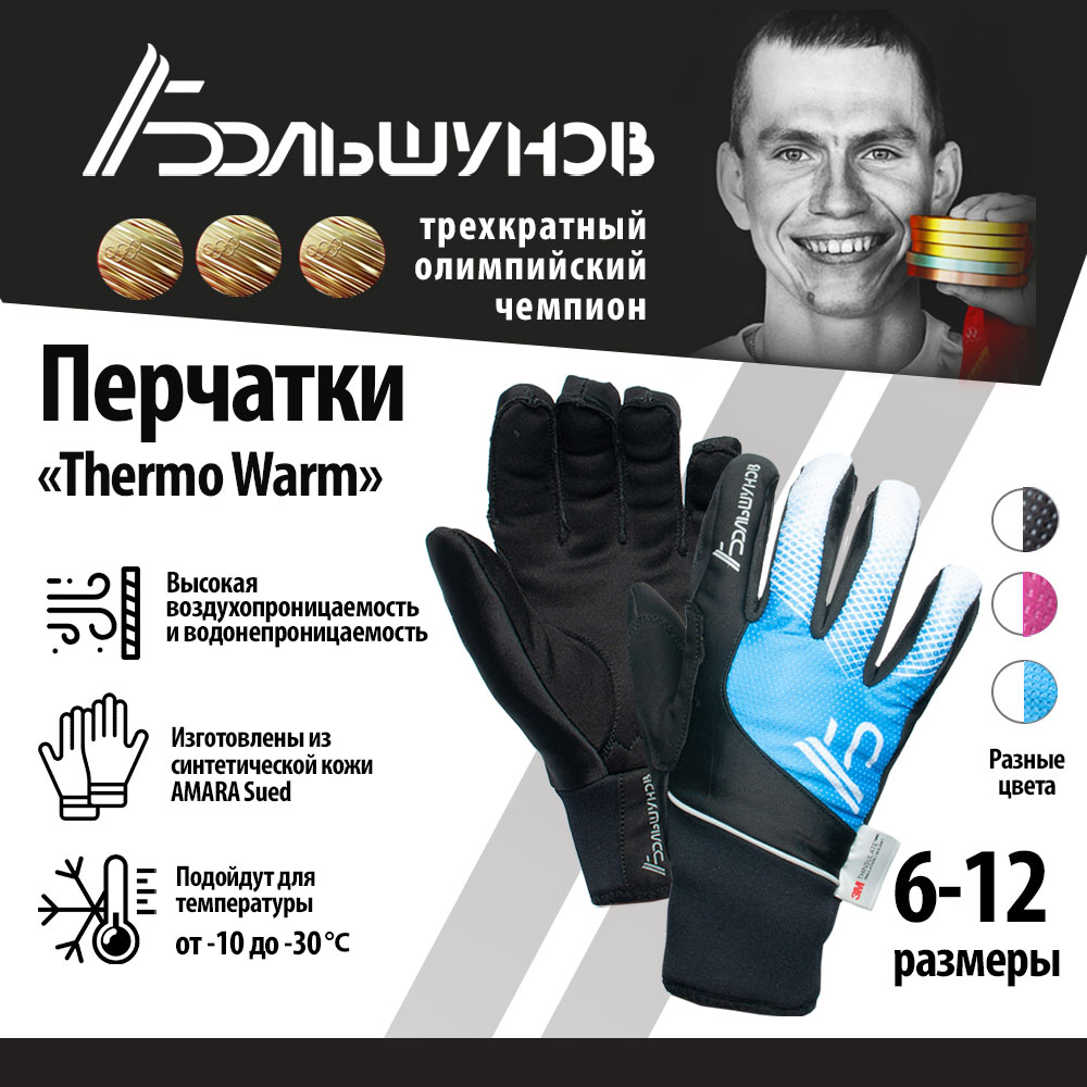 Перчатки лыжные Thermo Warm Александр Большунов, черно-синие, размер 8