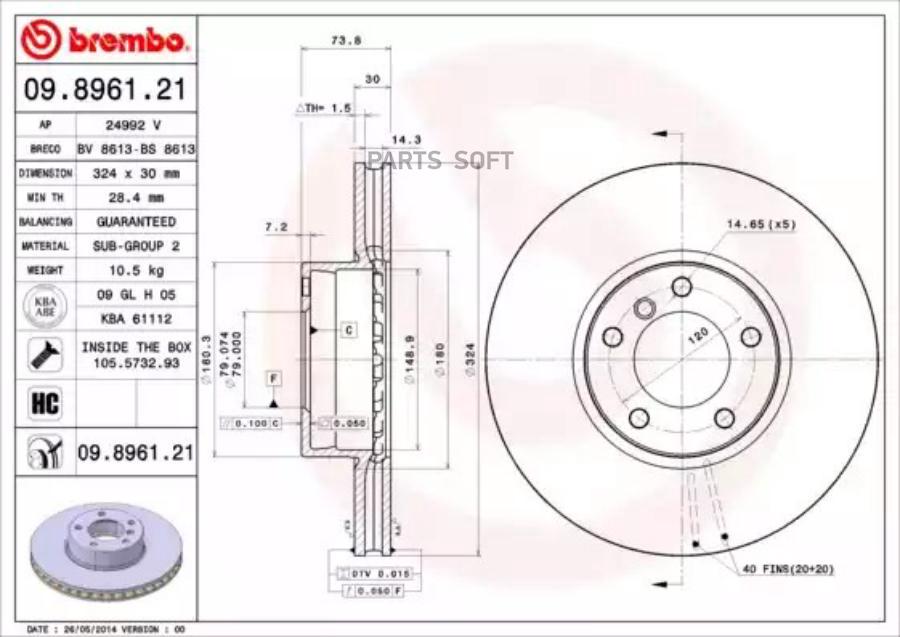 

BREMBO 09.8961.21 Диск тормозной передн BMW: 5 95-03, 5 Touring 97-04 1шт