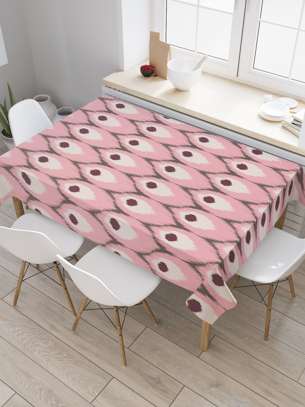 

Скатерть прямоугольная JoyArty "Павлиний глаз" из сатена, 180x145 см, Розовый, Павлиний глаз