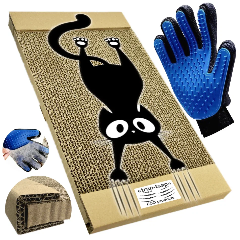 фото Когтеточка для кошек картонная 42 х 20 см, + перчатка для вычесывания шерсти qvatra