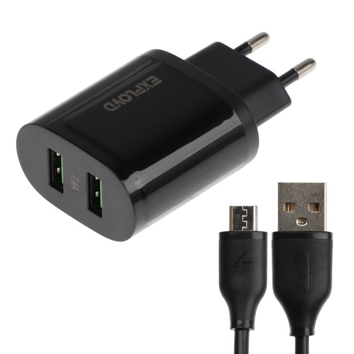 

Сетевое зарядное устройство Exployd EX-Z-1432, 2 USB, 2.4 А, кабель Micro USB, черный