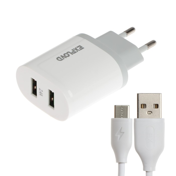Сетевое зарядное устройство Exployd EX-Z-1435, 2 USB, 2.4 А, кабель Type-C, белый