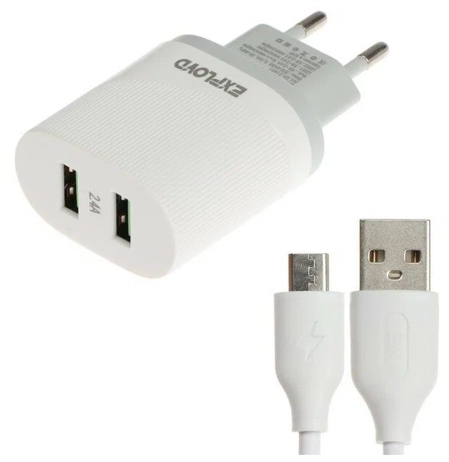 

Сетевое зарядное устройство Exployd EX-Z-1437, 2 USB, 2.4 А, кабель Micro USB, белый