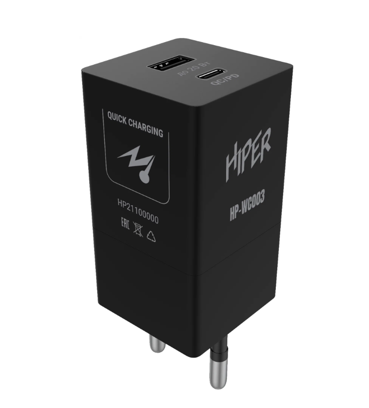 Сетевое зарядное устройство HIPER HP-WC003, USB-C + USB-A, 3A, черный