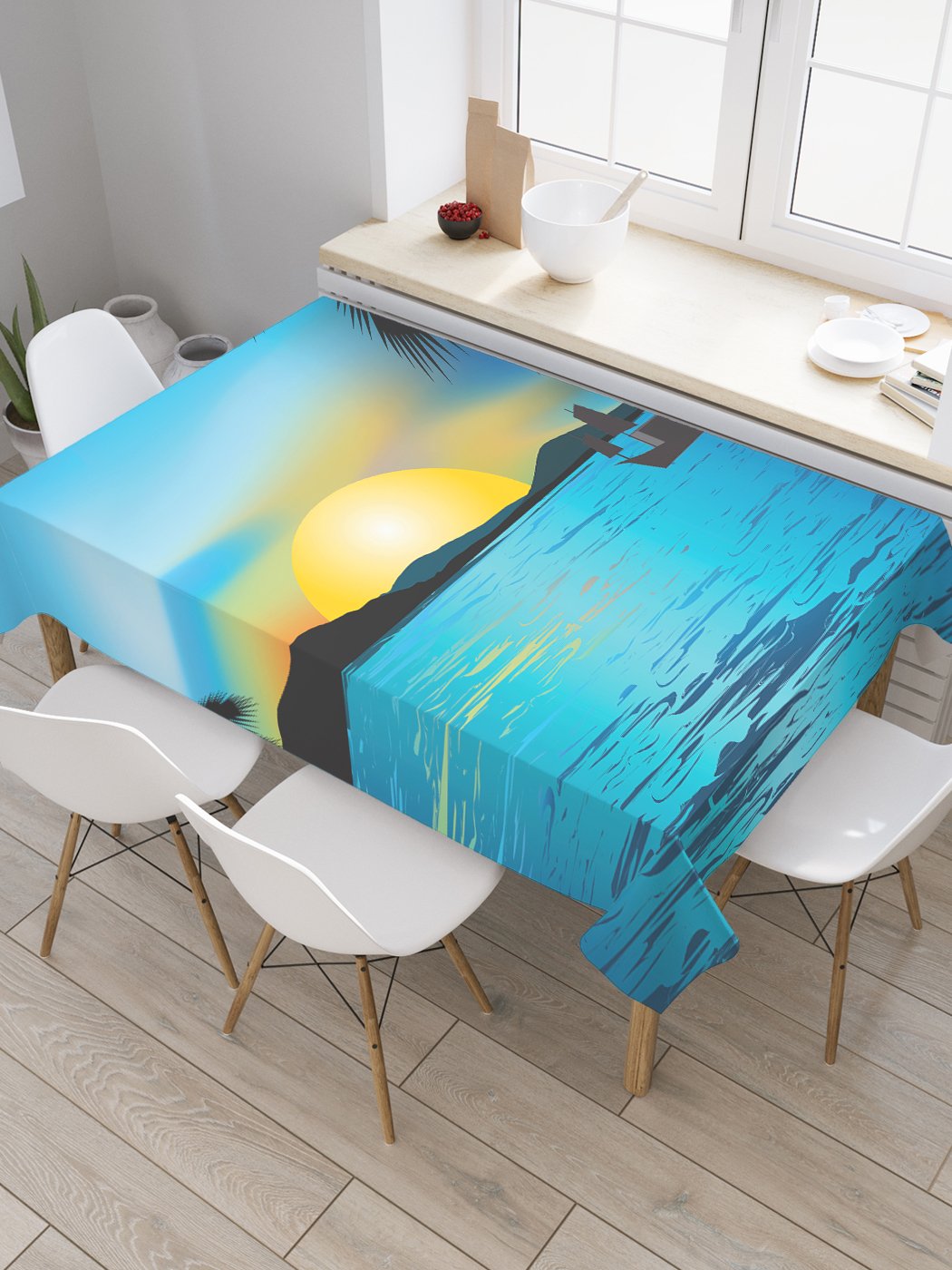 

Скатерть прямоугольная JoyArty "Тропический закат" из сатена, 180x145 см, Голубой, Тропический закат