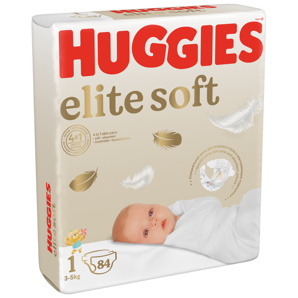 

Подгузники Huggies Elite Soft для новорожденных 3-5 кг, 1 размер, 84 шт